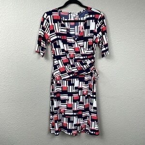 Jones Studio Faux Wrap Jersey Dress Abstract Geo Short Sleeve Office Sz 6